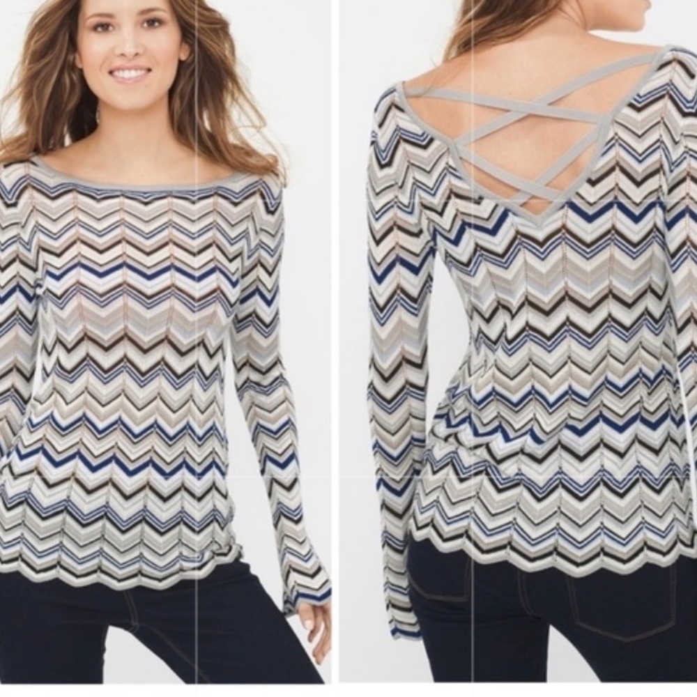 White House Black Market Navy and Cream Chevron Long Sleeve Top